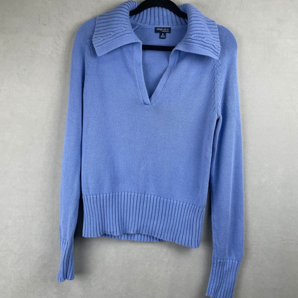VTG Preview International Blue Ribbed Collared‎ VNeck Knit Sweater M Cotton Y2K